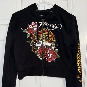 Ed Hardy Black Zip-Up Hoodie with Tiger and Rose Graphic